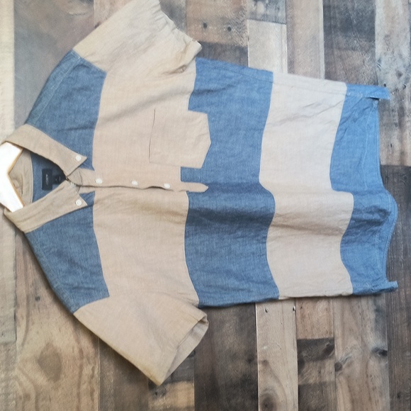 J.Crew Chambray Beige And Denim Color Block Short Sleeve Popover Shirt Sz Med - Picture 13 of 15